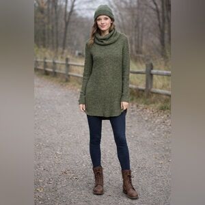 A New Day Women’s Green Knit Tunic Sweater Cowl Neck High Low Hem Size M